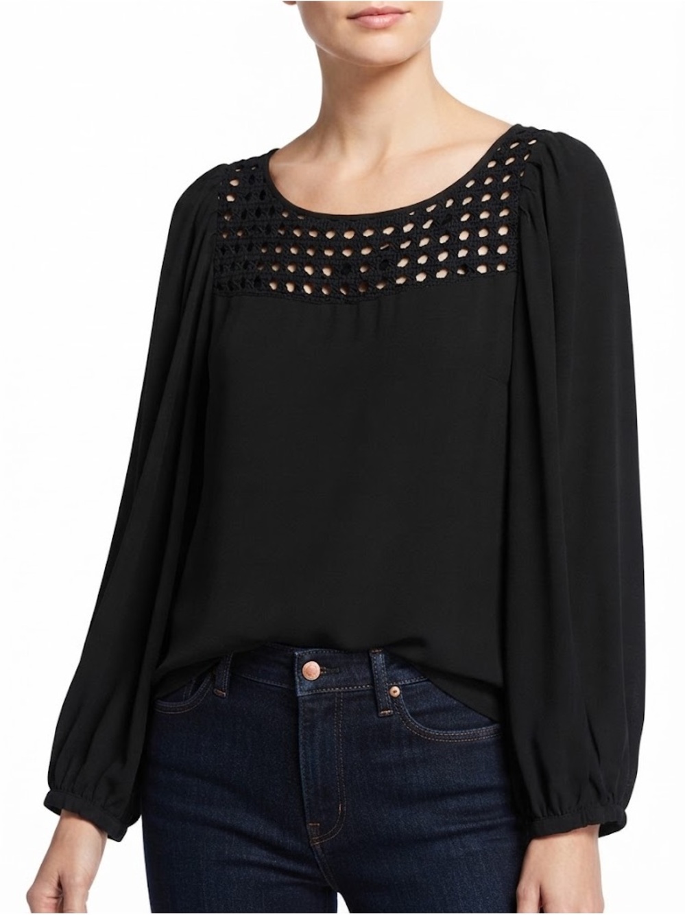 Diane Von Furstenberg, Vintage Black Braided Yoke Blouse, Black, US 10